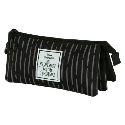 Estojo escolar preto com padrão cinzento e etiqueta branca com texto de Disney