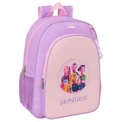 Mochila rosa e lilás com imagem de personagens e texto HUNTRX
