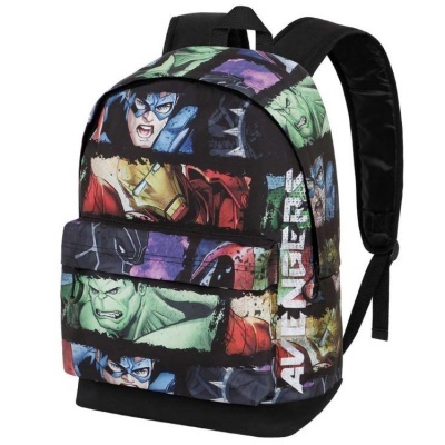 Mochila preta com estampado colorido dos Avengers e alças pretas acolchoadas