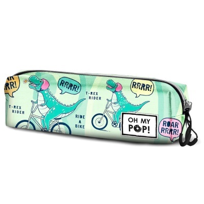 Estojo escolar verde claro com desenhos de dinossauros T-Rex em bicicletas e textos em balões de fala