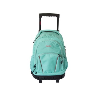 Mochila de carrinho azul claro com alça retrátil preta e marca Herlitz