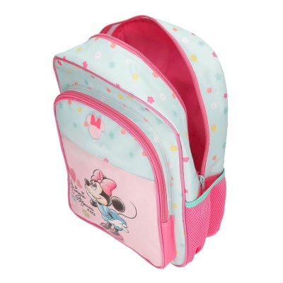 Mochila infantil azul claro com flores e Minnie Mouse rosa e azul