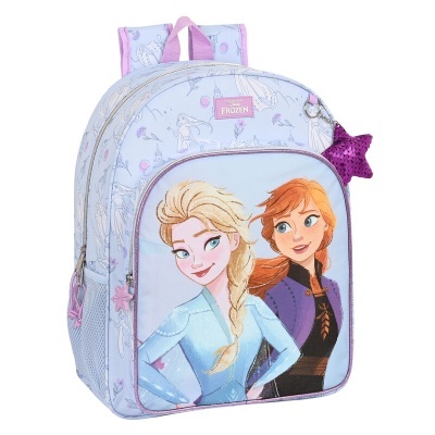 Mochila infantil azul com imagem das personagens Elsa e Anna de Frozen e estrela roxa no zíper