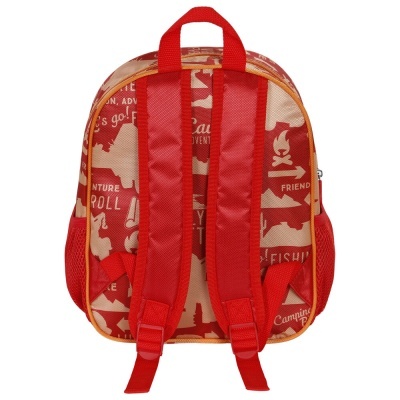 Mochila pequena em tecido com padrão vermelho e bege e alças acolchoadas vermelhas