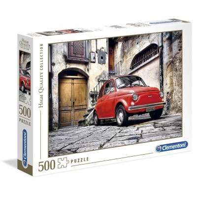 Caixa de puzzle 500 peças Clementoni com imagem de carro vermelho em rua antiga