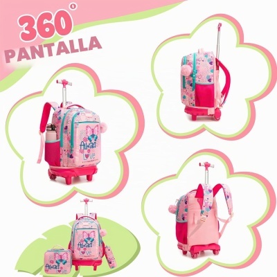 Mochila rosa infantil com padrão de borboletas, texto Always Love e rodinhas em várias vistas