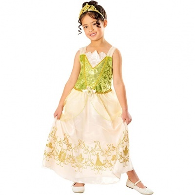 Vestido infantil de princesa verde e creme com detalhes dourados