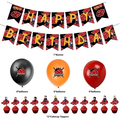 Conjunto de festa de aniversário com faixa, balões coloridos e toppers para cupcakes com tema de personagens.