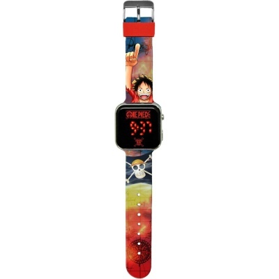 Relógio digital com bracelete colorido com desenhos animados e texto 'ONE PIECE' no mostrador