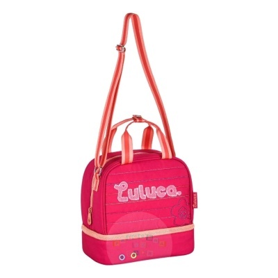 Mala infantil rosa com alça ajustável e nome Luluca