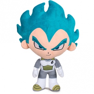 Pelúcia do personagem Vegeta com cabelo azul e roupa cinza, branca e verde