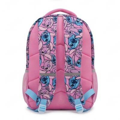 Mochila rosa com padrões de personagens coloridos e alças acolchoadas