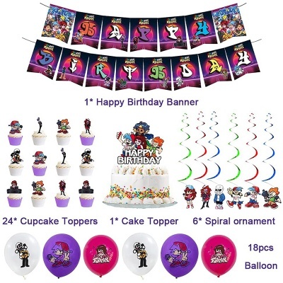 Conjunto de decoração de festa com faixa, toppers para cupcakes, topper para bolo, ornamentos espirais e balões com personagens coloridos.