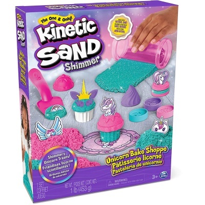 Embalagem do brinquedo Kinetic Sand Shimmer com areia cinética e moldes temáticos de unicórnio