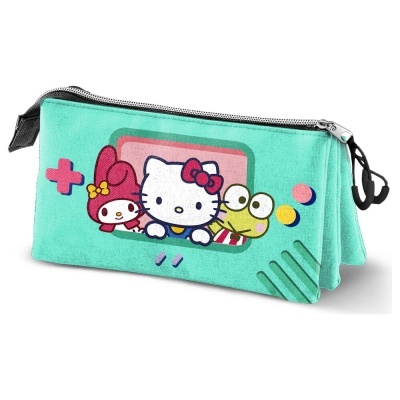 Estojo azul turquesa com estampa de personagens Hello Kitty, My Melody e Keroppi