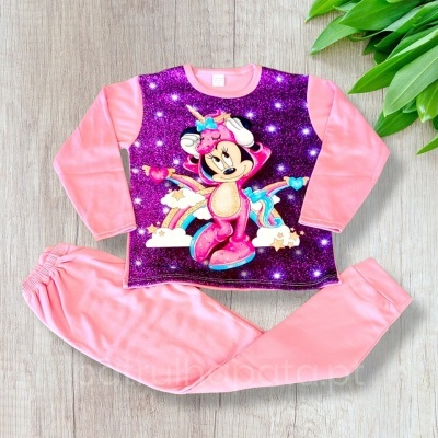 Pijama infantil rosa com estampa de Minnie Mouse unicórnio em fundo roxo brilhante