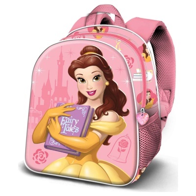 Mochila cor-de-rosa com personagem Bela da Disney e detalhes de castelo e rosas