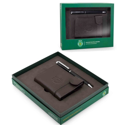 Conjunto de pele genuína com caderno castanho e caneta preta na caixa verde