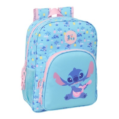 Mochila azul clara estampada com personagem Stitch e elementos tropicais.