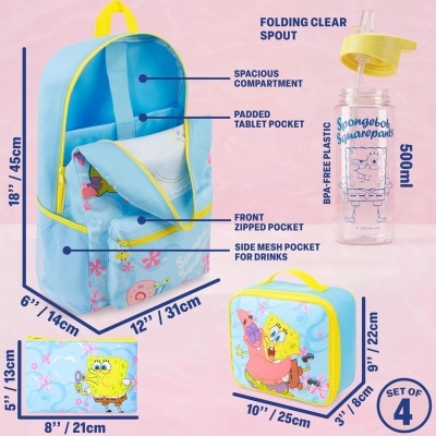 Conjunto Spongebob Squarepants com mochila, lancheira, estojo e garrafa