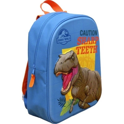 Mochila azul com estampa de dinossauro T-Rex e texto de aviso