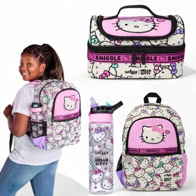 Conjunto Hello Kitty rosa e roxo com mochila, estojo e garrafa térmica