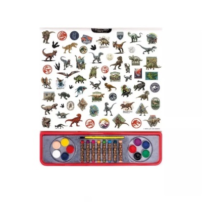 Conjunto artístico infantil com adesivos de dinossauros e estojo de lápis de cera e tintas