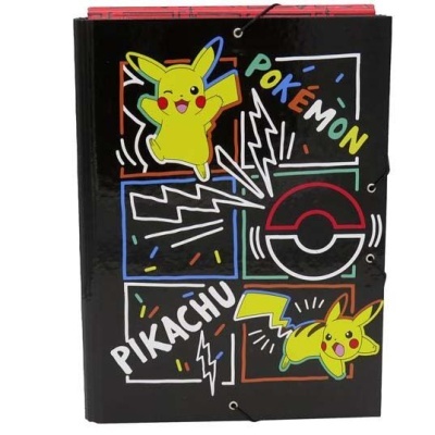 Pasta preta para documentos com desenhos de Pikachu e Poké Ball coloridos