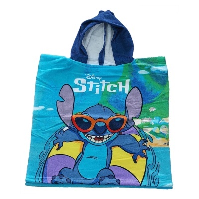 Toalha com capuz infantil Disney Stitch azul com estampa colorida e capuz azul escuro