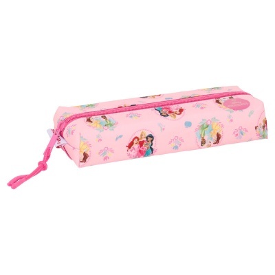 Estojo escolar rosa com padrão de princesas Disney e fecho de correr cor-de-rosa.