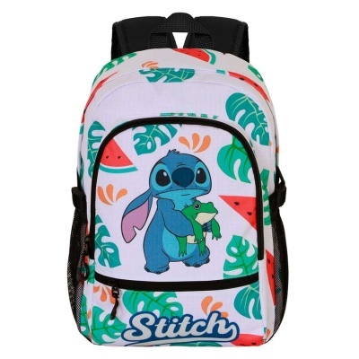 Mochila branca com estampa do personagem Stitch segurando um sapo e folhas verdes