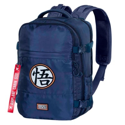 Mochila azul escura com emblema circular e fita vermelha AIRPLANE CABIN SIZE