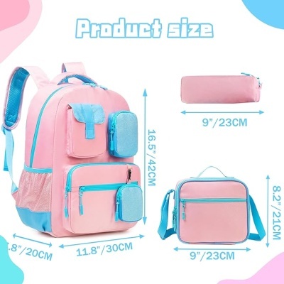 Mochila, estojo e bolsa para almoço rosa e azul com dimensões