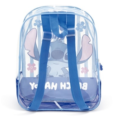 Mochila transparente com personagem Stitch e alças azuis