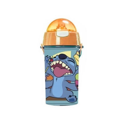 Garrafa infantil azul com tampa laranja e desenho animado colorido.