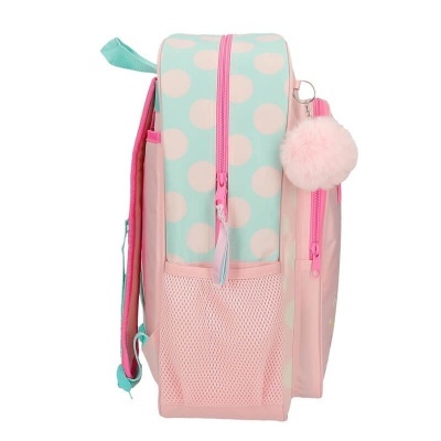 Mochila infantil rosa e verde água com pompom e bolinhas