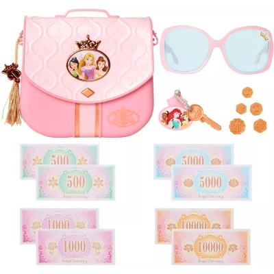 Conjunto de brinquedo com mala rosa, óculos de sol, moedas, chave e papel-moeda tema princesas Disney