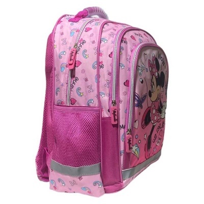 Mochila rosa com estampa da Minnie Mouse e bolsos laterais em rede
