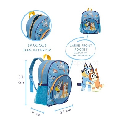 Mochila azul com personagens e bolso frontal grande
