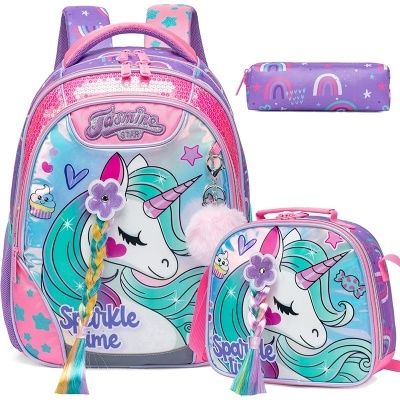 Mochila, lancheira e estojo com unicórnio colorido e texto Sparkle time