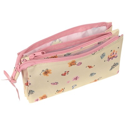 Estojo escolar creme com flores e corações coloridos e fechos rosa