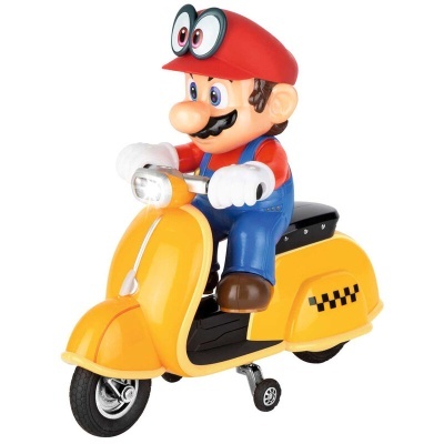 Figura do Mario numa mota amarela em plástico e borracha
