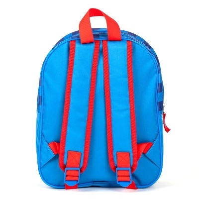 Mochila infantil azul com alças vermelhas vista de trás