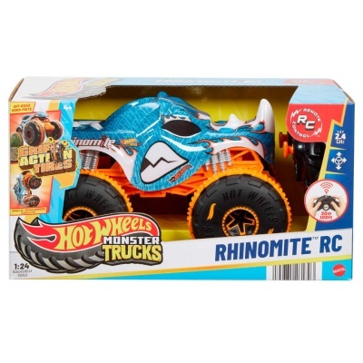 Carrinho Hot Wheels Monster Trucks Rhinomite RC azul e laranja na embalagem