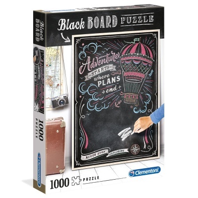 Embalagem de Puzzle Black Board com imagem de balão de ar quente e texto decorativo num quadro-negro.