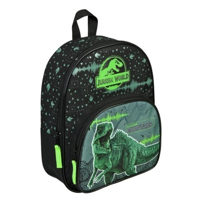 Mochila preta com dinossauro e logotipo Jurassic World verde