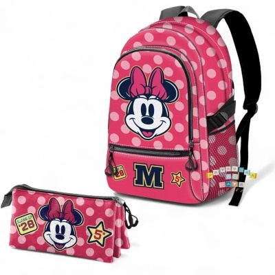 Mochila rosa de bolinhas com imagem da Minnie Mouse e estojo combinando