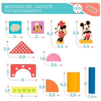 Formas geométricas e figuras Disney coloridas com medidas em centímetros