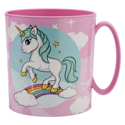 Caneca rosa com desenho de unicórnio e arco-íris