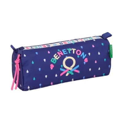 Estojo escolar azul escuro com padrão de gotas coloridas e logo BENETTON colorido